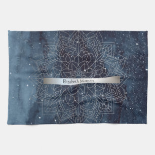Linge De Cuisine Élégant mandala moderne argenté rayure bleu marine