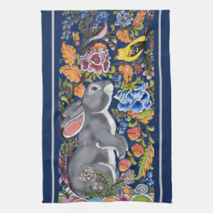 Linge De Cuisine Elégant Marine Blue Rabbit & Birds Jacobean Flora