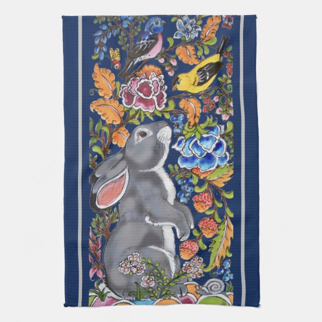 Linge De Cuisine Elégant Marine Blue Rabbit & Birds Jacobean Floral (Vertical)