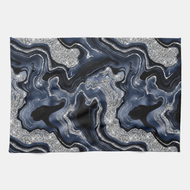Linge De Cuisine Elégant Marine Blue & Silver Parties scintillant A (Horizontal)