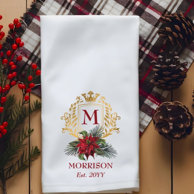 Linge De Cuisine Élégant Monogram Gold Crest Poinsettia Noël (Elegant Monogram Gold-Tone Crest Poinsettia Christmas Kitchen Towel)