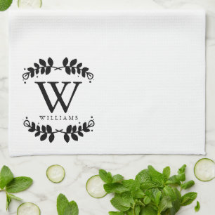 Linge De Cuisine Élégant Monogramme de famille noir et blanc