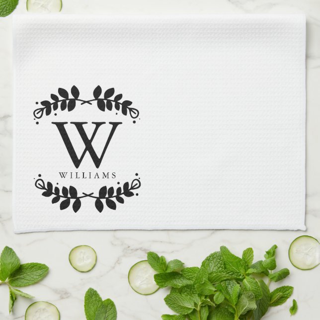Linge De Cuisine Élégant Monogramme de famille noir et blanc (Plié)