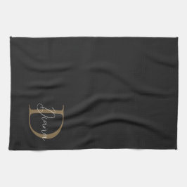 Linge De Cuisine Élégant Monogramme de sommier noir Mossy Gold Scri