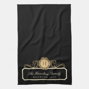 Linge De Cuisine Élégant Monogramme Or Reunion Famille Noir