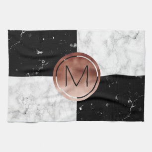 Linge De Cuisine Élégant monogramme rose or noir marbre blanc