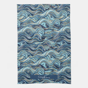 Linge De Cuisine Élégant Motif à vague bleue avec accents or