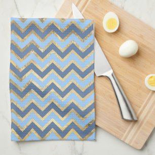 Linge De Cuisine Élégant Motif Chevron bleu et or