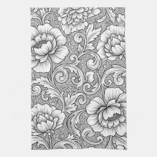 Linge De Cuisine Élégant motif d'art en ligne florale noir et blanc