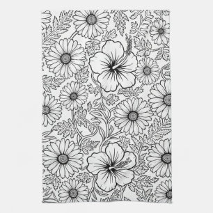 Linge De Cuisine Élégant motif d'art en ligne florale noir et blanc