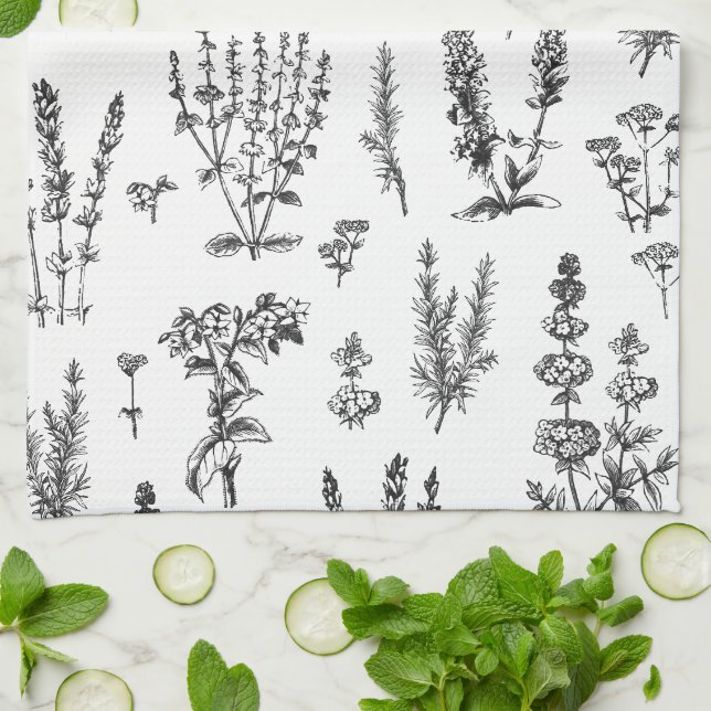 Linge De Cuisine Élégant Motif de jardin de plantes blanches noires (Plié)