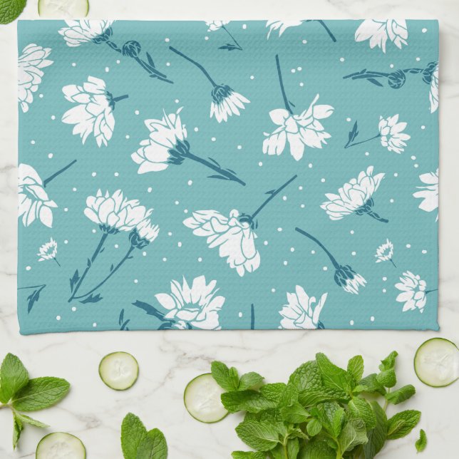 Linge De Cuisine Élégant motif floral - Botanique Turquoise et blan (Plié)