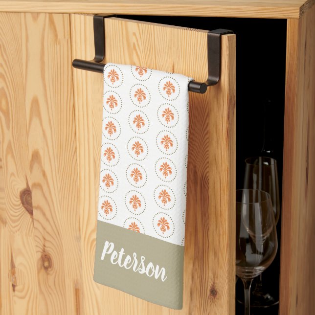 Linge De Cuisine Élégant Motif vert Burnt Orange (Pliage en tiers)
