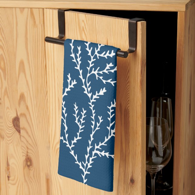 Linge De Cuisine Elégant, Nautique Motif d'algues Turquoise Bleu (Pliage en tiers)