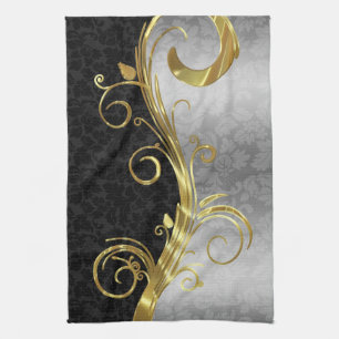 Linge De Cuisine Elégant noir Damas Gold & Silver Swirls