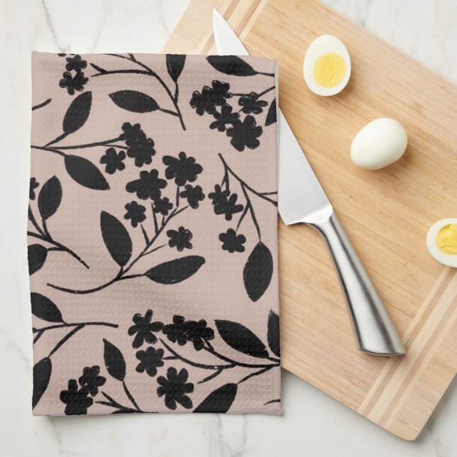 Linge De Cuisine Elégant Noir moderne Motif Botanique Dusty rose (Quart Plié)