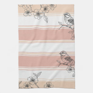 Linge De Cuisine Élégant Oiseau Floral Rayure Pêche (4)