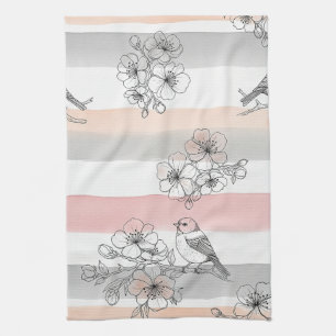 Linge De Cuisine Élégant Oiseau Floral Rayure Pêche (7)