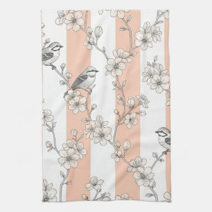 Linge De Cuisine Élégant Oiseau Floral Rayure Pêche (8)
