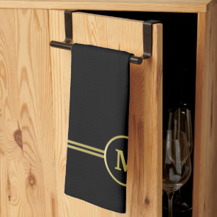 Linge De Cuisine Élégant or Monogramme personnalisé sur noir