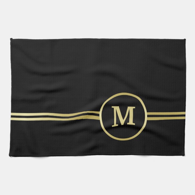 Linge De Cuisine Élégant or Monogramme personnalisé sur noir (Horizontal)