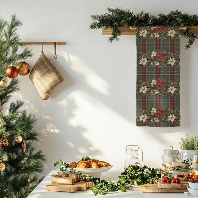 Linge De Cuisine Élégant Plaid & Poinsettias Noël (Créateur téléchargé)
