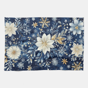 Linge De Cuisine Élégant poinsettia de Noël bleu et or 