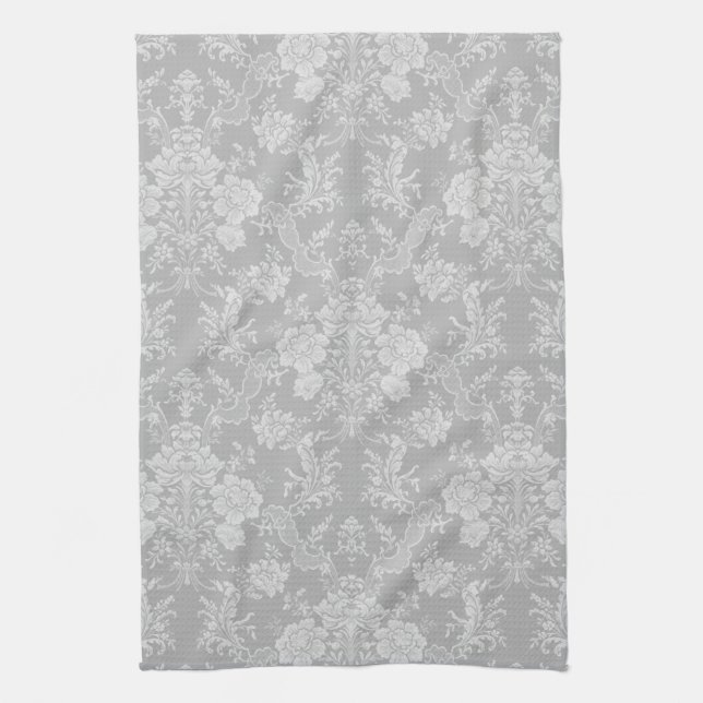 Linge De Cuisine Élégant Romantique Chic Floral Damask-Grey (Vertical)