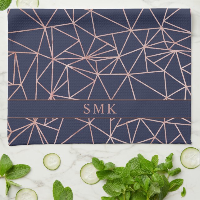 Linge De Cuisine Elégant Rose Gold Foil Geometrique Polygon Navy bl (Plié)