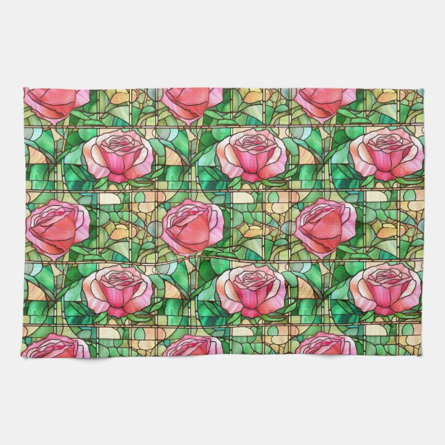 Linge De Cuisine Élégant Rose Rose Faux Motif en verre tendu (Horizontal)