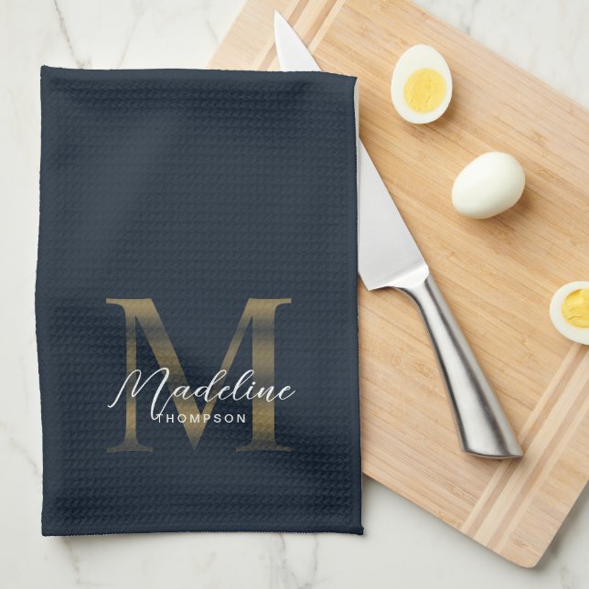 Linge De Cuisine Elegant Script Metallic Navy Blue Gold Monogram (Quart Plié)