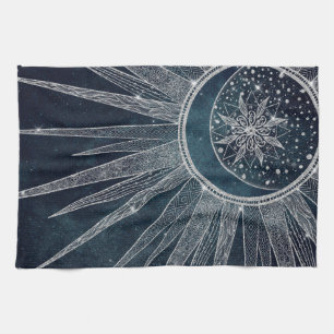 Linge De Cuisine Elégant Silver Sun Moon Doodle Mandala Blue Design