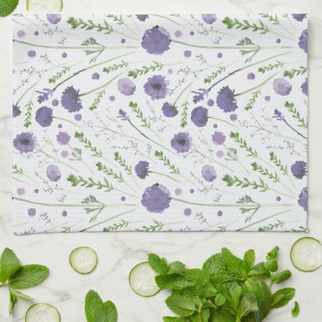 Linge De Cuisine Elégant teint d'eau violet motif floral (Plié)