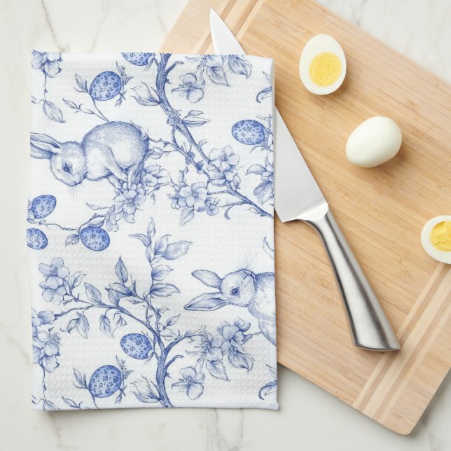 Linge De Cuisine Elégant Toile De Jouy Bleu Lapin Pâques (Quart Plié)