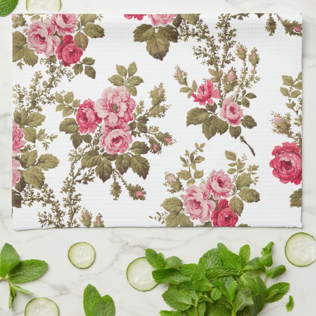 Linge De Cuisine Élégant Vintage rose Roses-Blanc Arrière - plan (Plié)