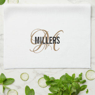 Linge De Cuisine Élégant White Gold Script Monogramme Nom de famill