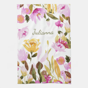 Linge De Cuisine Elégante aquarelle rose jaune Floral Personnalisé