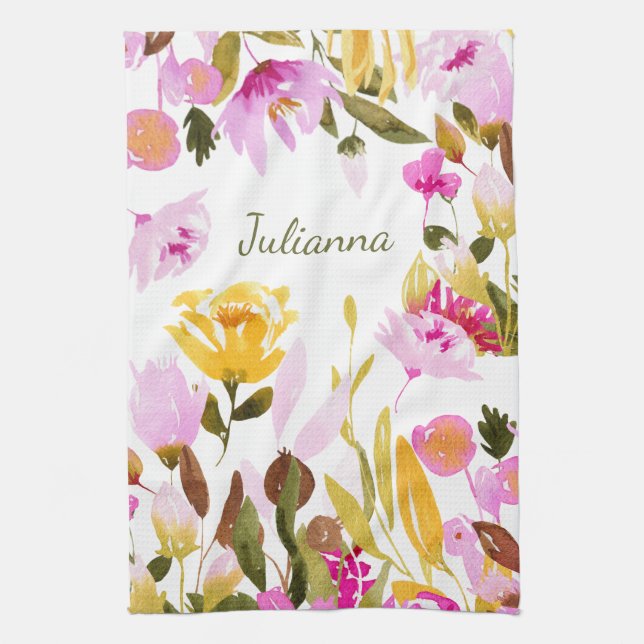 Linge De Cuisine Elégante aquarelle rose jaune Floral Personnalisé (Vertical)