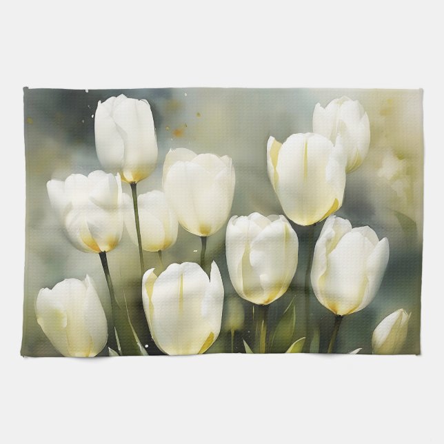 Linge De Cuisine Élégante bande de tulipes blanches dans un jardin  (Horizontal)