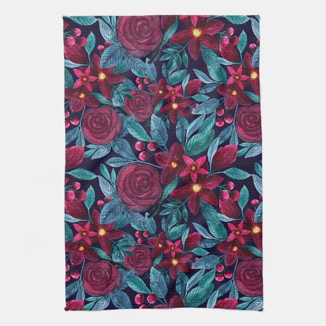 Linge De Cuisine Elégante marine Bourgogne Noël Floral Aquarelle (Vertical)