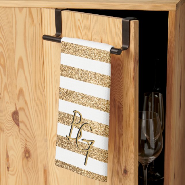 Linge De Cuisine Elégante Parties scintillant d'or rayures avec ini (Pliage en tiers)