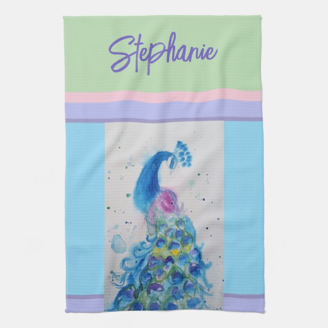 Linge De Cuisine Elégante Peacock Aquarelle Femmes couleurs pastel (Vertical)