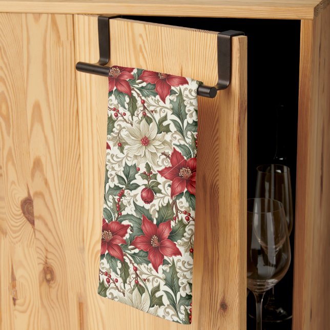Linge De Cuisine Élégante Poinsététie rouge et blanche (Pliage en tiers)