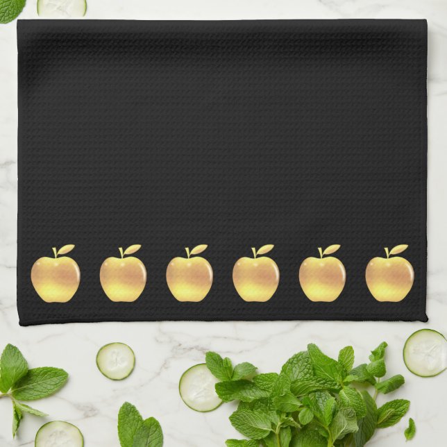 Linge De Cuisine Elégante Pommes d'or sur le noir (Plié)