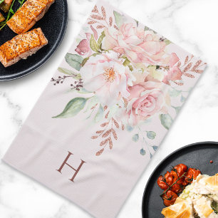 Linge De Cuisine Élégante rose peonie florale monogrammée