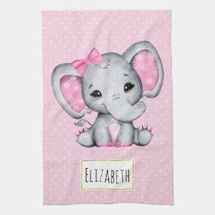 Linge De Cuisine Eléphant de bébé rose mignon avec oreilles Poka Do