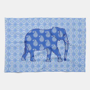 Linge De Cuisine Éléphant Paisley - bleu cobalt et blanc