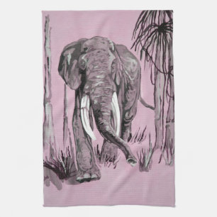 Linge De Cuisine Eléphant Se Promenant Dans La Savane Boisée En Ros