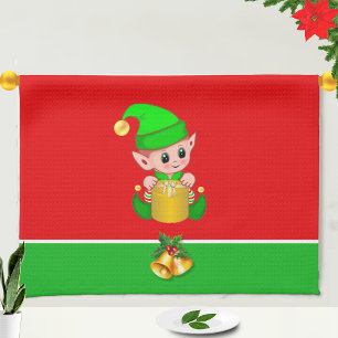 Linge De Cuisine Elfe de Noël mignon sur fond vert et rouge