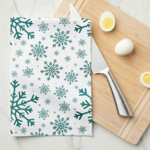 Linge De Cuisine Émeraude Vert Noël Snowflakes sur Blanc d'hiver